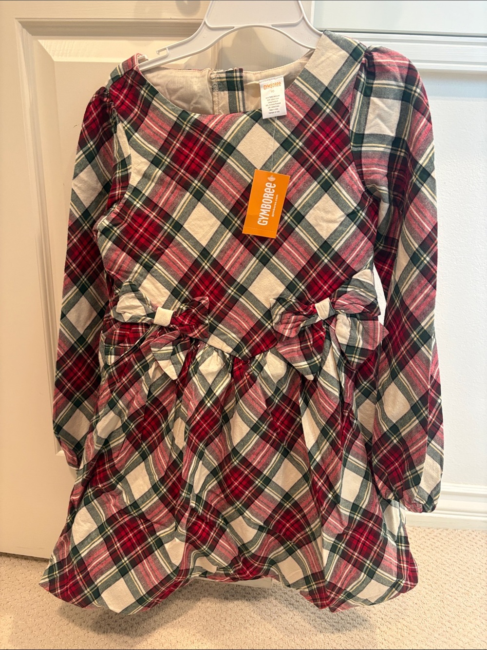 Gymboree Red, Green & White Plaid Holiday Dress with Bow Accents
